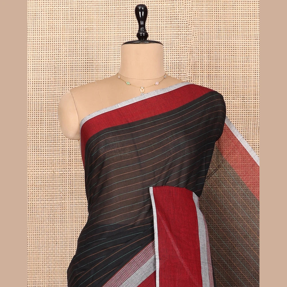 Pothys Black Striped Andhra Cotton Saree, Complemented by a Contrast Border, Checked Pallu, and a Matching Blouse