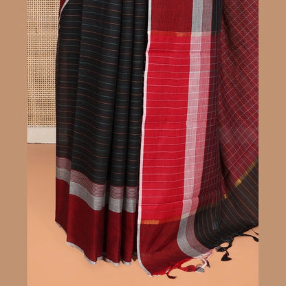 Pothys Black Striped Andhra Cotton Saree, Complemented by a Contrast Border, Checked Pallu, and a Matching Blouse