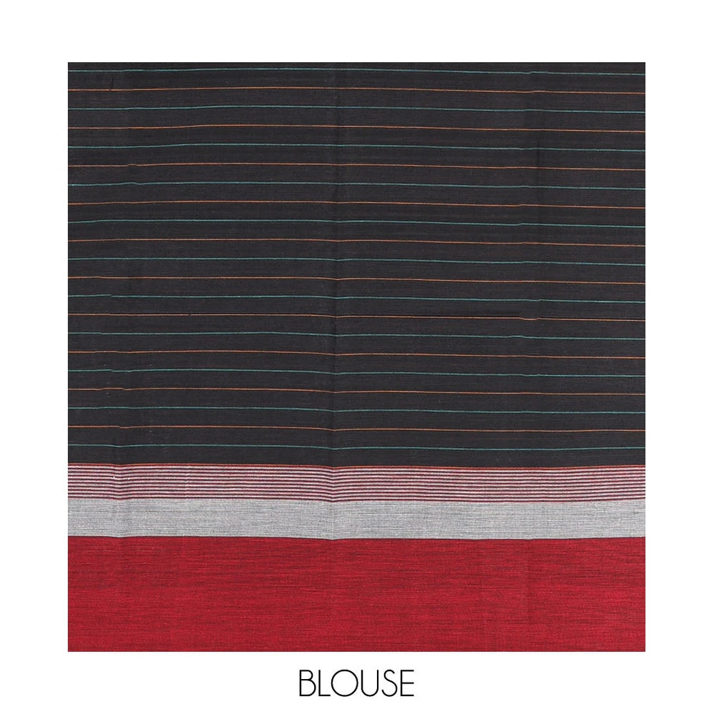 Pothys Black Striped Andhra Cotton Saree, Complemented by a Contrast Border, Checked Pallu, and a Matching Blouse