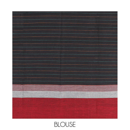 Pothys Black Striped Andhra Cotton Saree, Complemented by a Contrast Border, Checked Pallu, and a Matching Blouse