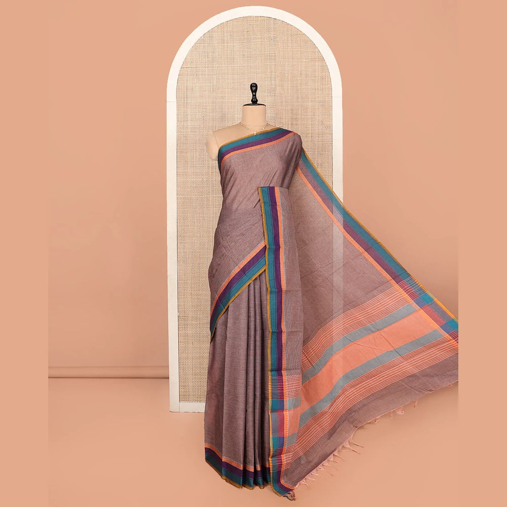 Pothys Brown Striped Andhra Cotton Saree, Complemented by a Contrast Multi-color Border, Striped Pallu, and a Contrast Blouse