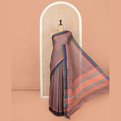Pothys Brown Striped Andhra Cotton Saree, Complemented by a Contrast Multi-color Border, Striped Pallu, and a Contrast Blouse