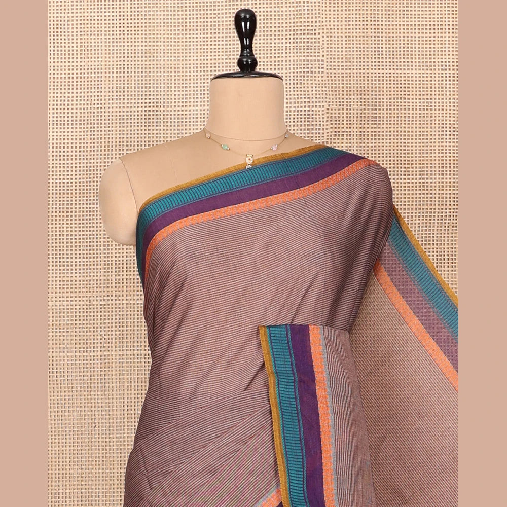 Pothys Brown Striped Andhra Cotton Saree, Complemented by a Contrast Multi-color Border, Striped Pallu, and a Contrast Blouse