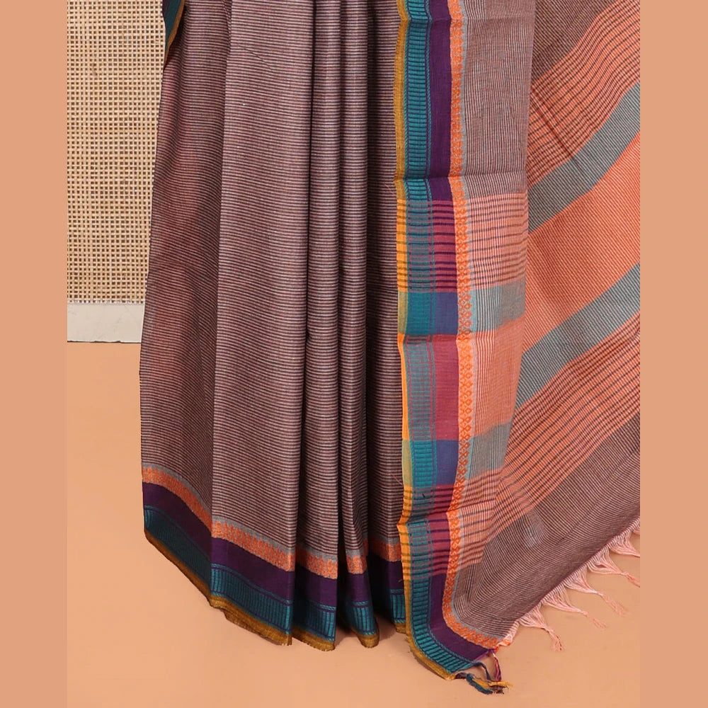Pothys Brown Striped Andhra Cotton Saree, Complemented by a Contrast Multi-color Border, Striped Pallu, and a Contrast Blouse