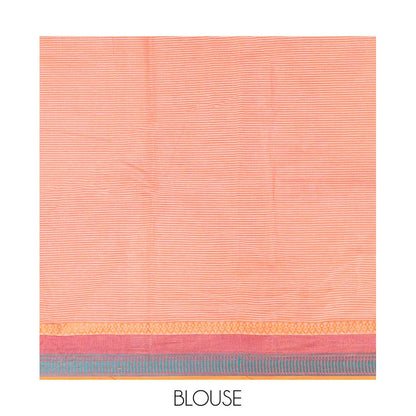 Pothys Brown Striped Andhra Cotton Saree, Complemented by a Contrast Multi-color Border, Striped Pallu, and a Contrast Blouse
