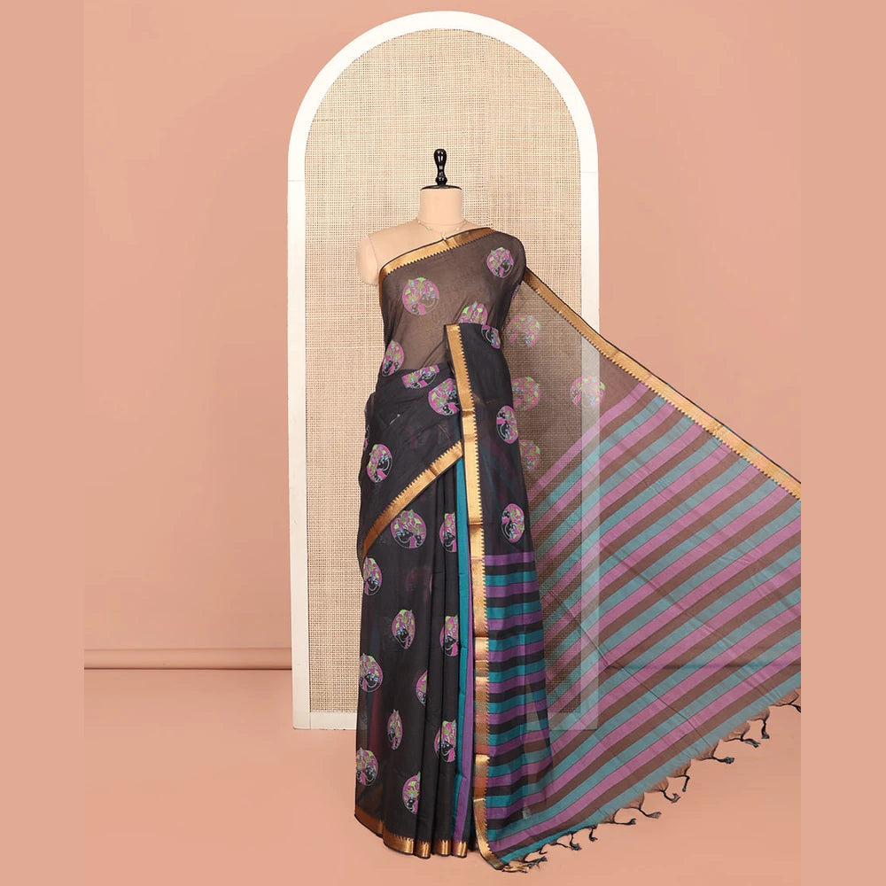 Pothys Black Andhra Cotton Saree, Boldly Accentuated with Pichwai Cow Buttas, Highlighted by a Zari Temple Border, Striped Pallu, and a Contrast Blouse