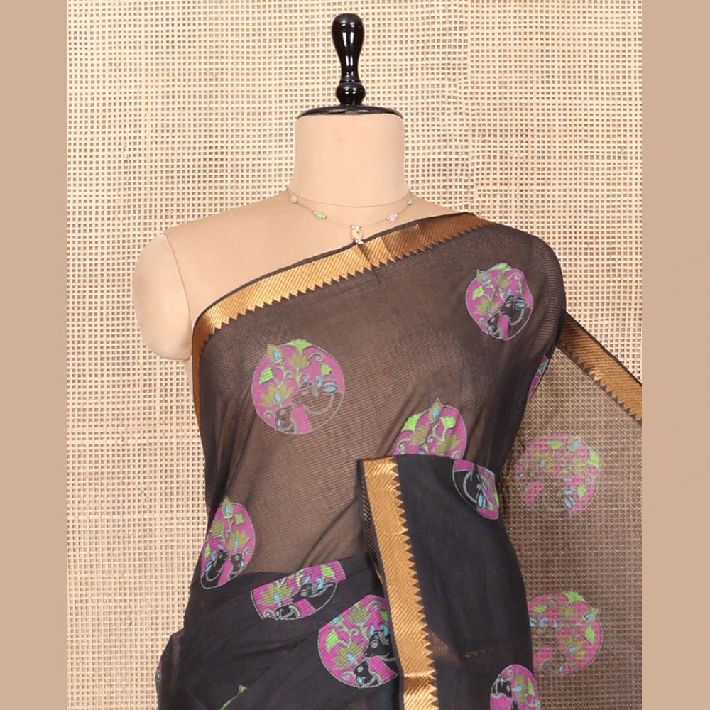 Pothys Black Andhra Cotton Saree, Boldly Accentuated with Pichwai Cow Buttas, Highlighted by a Zari Temple Border, Striped Pallu, and a Contrast Blouse