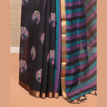 Pothys Black Andhra Cotton Saree, Boldly Accentuated with Pichwai Cow Buttas, Highlighted by a Zari Temple Border, Striped Pallu, and a Contrast Blouse