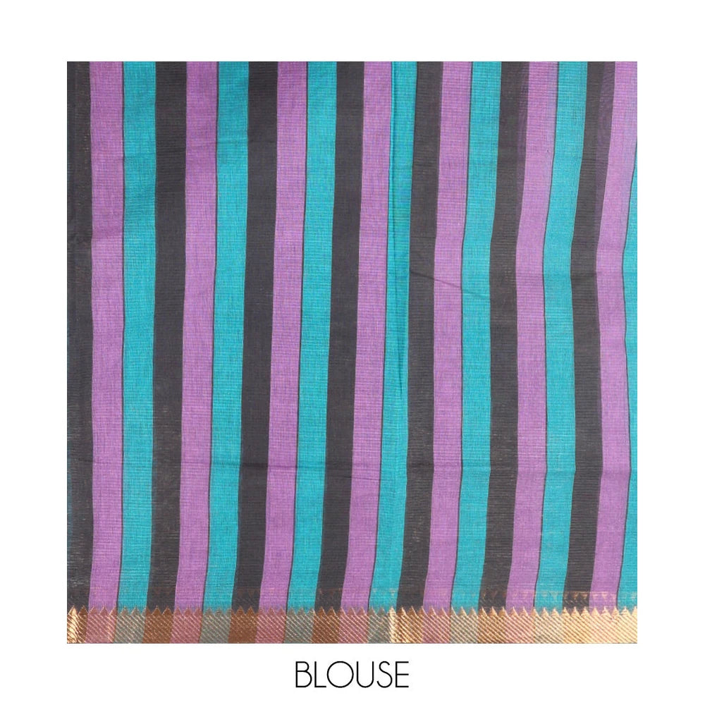 Pothys Black Andhra Cotton Saree, Boldly Accentuated with Pichwai Cow Buttas, Highlighted by a Zari Temple Border, Striped Pallu, and a Contrast Blouse