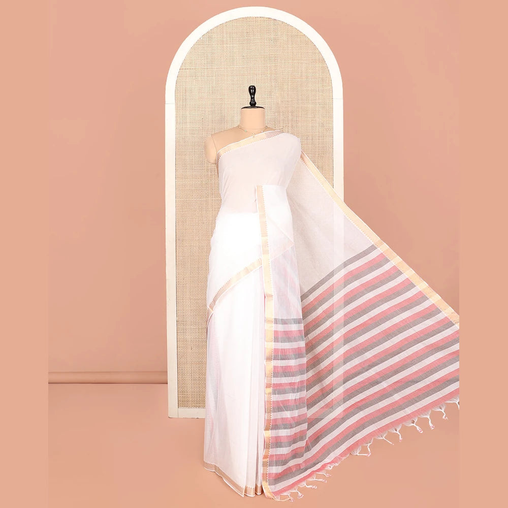 Pothys White Plain Andhra Cotton Saree, Highlighted by a Temple Zari Border, Contrast Striped Pallu, and a Contrast Blouse