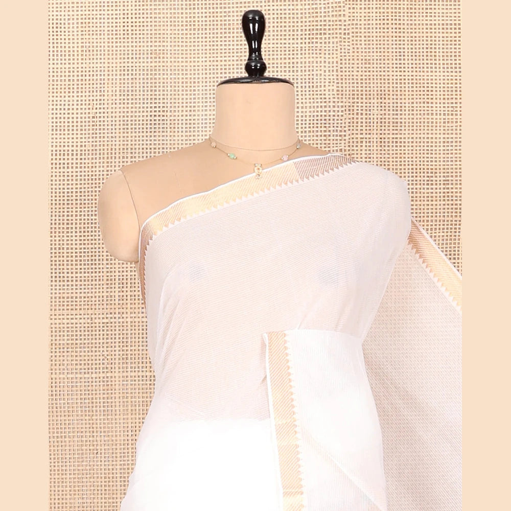 Pothys White Plain Andhra Cotton Saree, Highlighted by a Temple Zari Border, Contrast Striped Pallu, and a Contrast Blouse