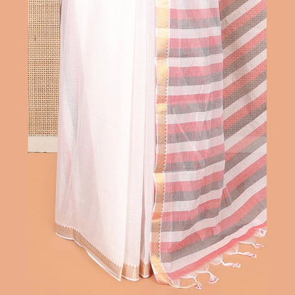 Pothys White Plain Andhra Cotton Saree, Highlighted by a Temple Zari Border, Contrast Striped Pallu, and a Contrast Blouse