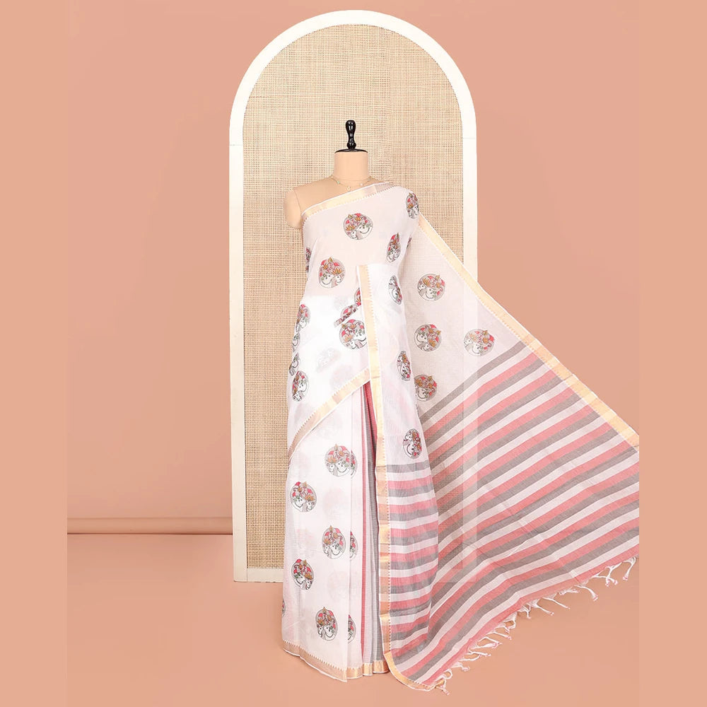 Pothys White Andhra Cotton Saree, Subtly Enriched with Pichwai Cow Buttas, Highlighted by a Temple Zari Border, Striped Pallu, and a Contrast Blouse