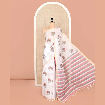 Pothys White Andhra Cotton Saree, Subtly Enriched with Pichwai Cow Buttas, Highlighted by a Temple Zari Border, Striped Pallu, and a Contrast Blouse
