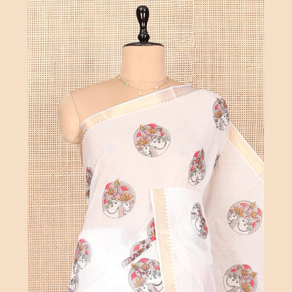 Pothys White Andhra Cotton Saree, Subtly Enriched with Pichwai Cow Buttas, Highlighted by a Temple Zari Border, Striped Pallu, and a Contrast Blouse