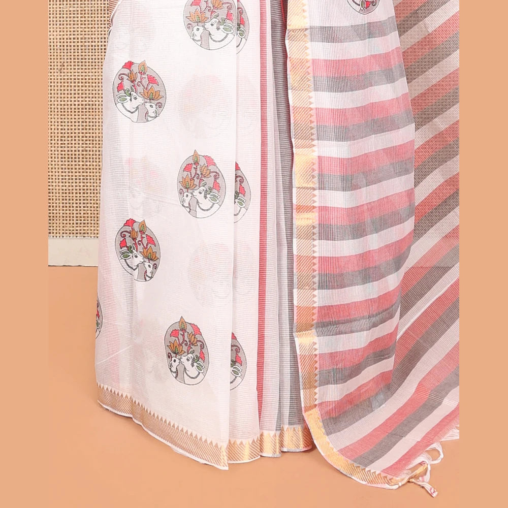 Pothys White Andhra Cotton Saree, Subtly Enriched with Pichwai Cow Buttas, Highlighted by a Temple Zari Border, Striped Pallu, and a Contrast Blouse