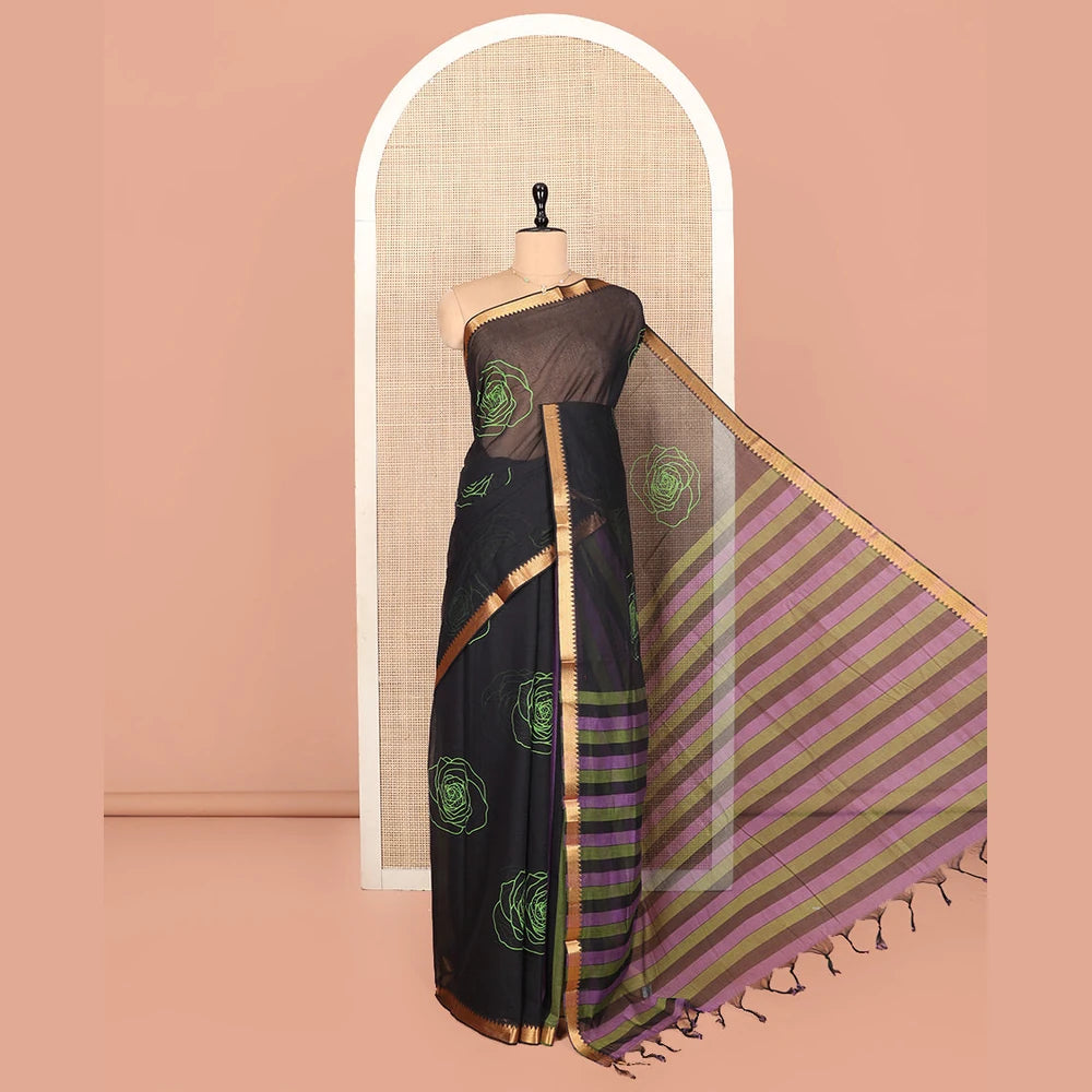 Pothys Black Striped Andhra Cotton Saree, Beautifully Bedecked with Floral Motifs Print, Highlighted by a Temple Zari Border, Contrast Striped Pallu, and a Contrast Blouse