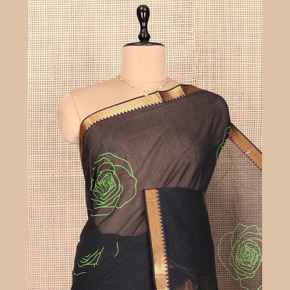 Pothys Black Striped Andhra Cotton Saree, Beautifully Bedecked with Floral Motifs Print, Highlighted by a Temple Zari Border, Contrast Striped Pallu, and a Contrast Blouse