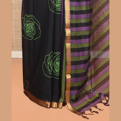 Pothys Black Striped Andhra Cotton Saree, Beautifully Bedecked with Floral Motifs Print, Highlighted by a Temple Zari Border, Contrast Striped Pallu, and a Contrast Blouse