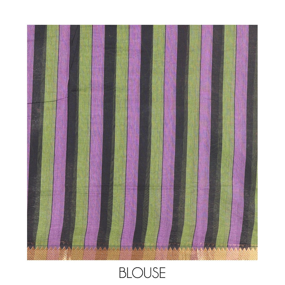 Pothys Black Striped Andhra Cotton Saree, Beautifully Bedecked with Floral Motifs Print, Highlighted by a Temple Zari Border, Contrast Striped Pallu, and a Contrast Blouse