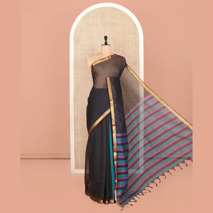 Pothys Black Plain Andhra Cotton Saree, Highlighted by a Temple Zari Border, Contrast Striped Pallu, and a Contrast Blouse