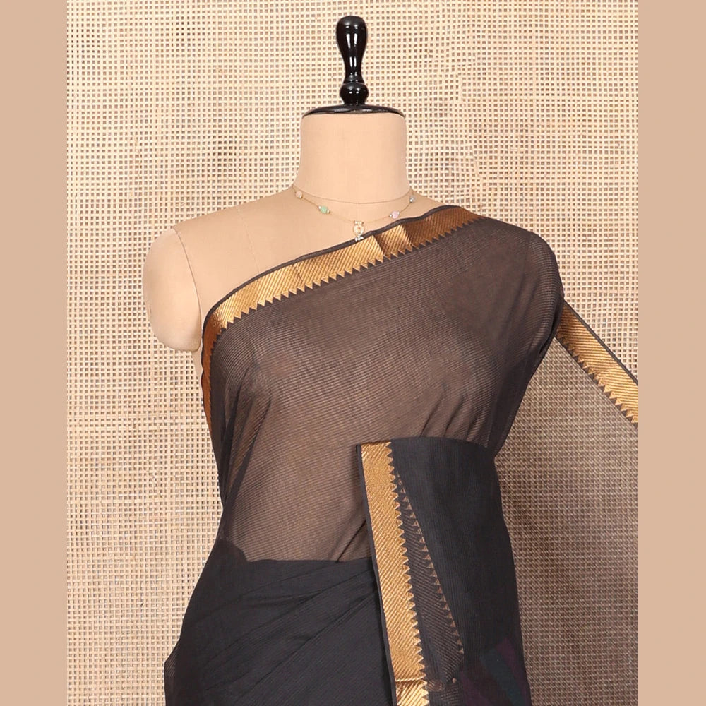 Pothys Black Plain Andhra Cotton Saree, Highlighted by a Temple Zari Border, Contrast Striped Pallu, and a Contrast Blouse