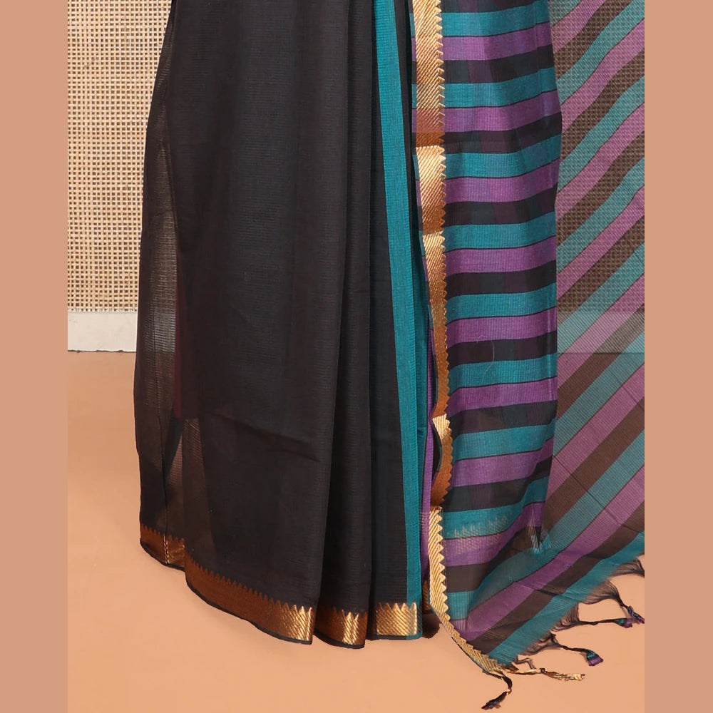 Pothys Black Plain Andhra Cotton Saree, Highlighted by a Temple Zari Border, Contrast Striped Pallu, and a Contrast Blouse