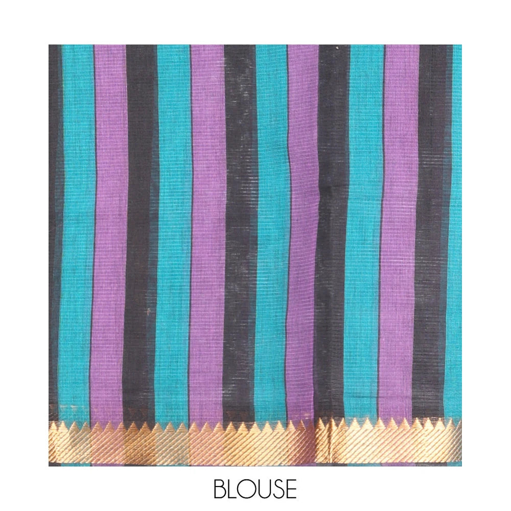 Pothys Black Plain Andhra Cotton Saree, Highlighted by a Temple Zari Border, Contrast Striped Pallu, and a Contrast Blouse