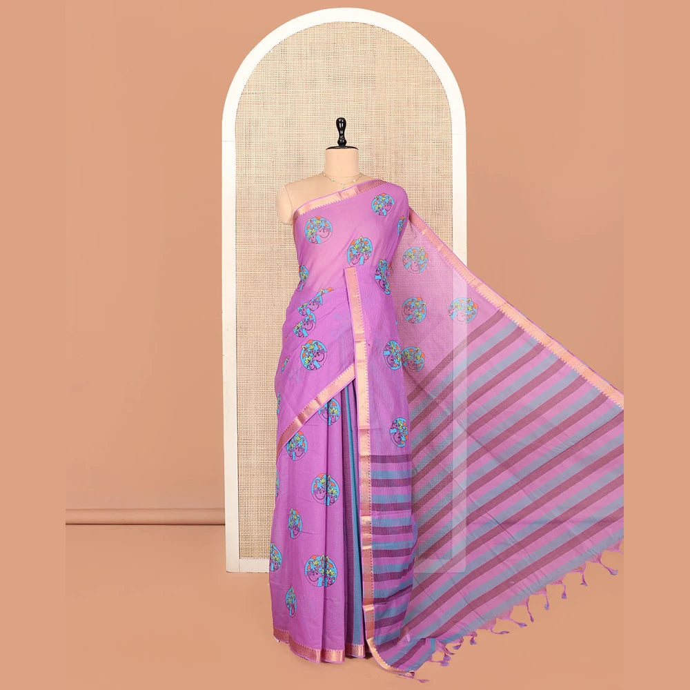 Pothys Purple Andhra Cotton Saree, Subtly Enriched with Pichwai Cow Buttas, Highlighted by a Temple Zari Border, Striped Pallu, and a Contrast Blouse