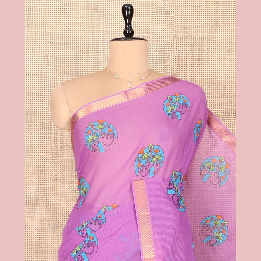 Pothys Purple Andhra Cotton Saree, Subtly Enriched with Pichwai Cow Buttas, Highlighted by a Temple Zari Border, Striped Pallu, and a Contrast Blouse