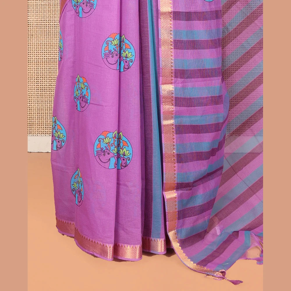 Pothys Purple Andhra Cotton Saree, Subtly Enriched with Pichwai Cow Buttas, Highlighted by a Temple Zari Border, Striped Pallu, and a Contrast Blouse
