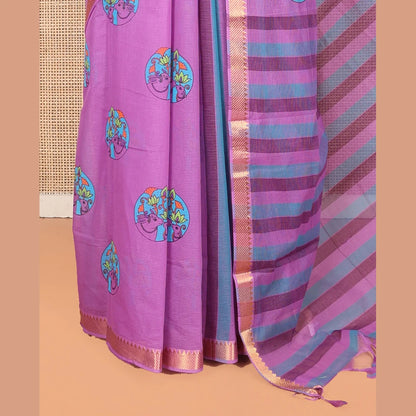 Pothys Purple Andhra Cotton Saree, Subtly Enriched with Pichwai Cow Buttas, Highlighted by a Temple Zari Border, Striped Pallu, and a Contrast Blouse