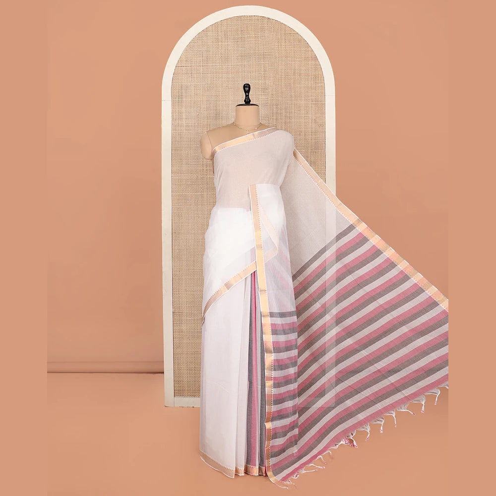 Pothys White Plain Andhra Cotton Saree, Mesmerized with Temple Zari Border, Contrast Striped Pallu, and a Contrast Blouse