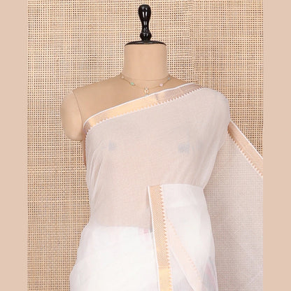 Pothys White Plain Andhra Cotton Saree, Mesmerized with Temple Zari Border, Contrast Striped Pallu, and a Contrast Blouse