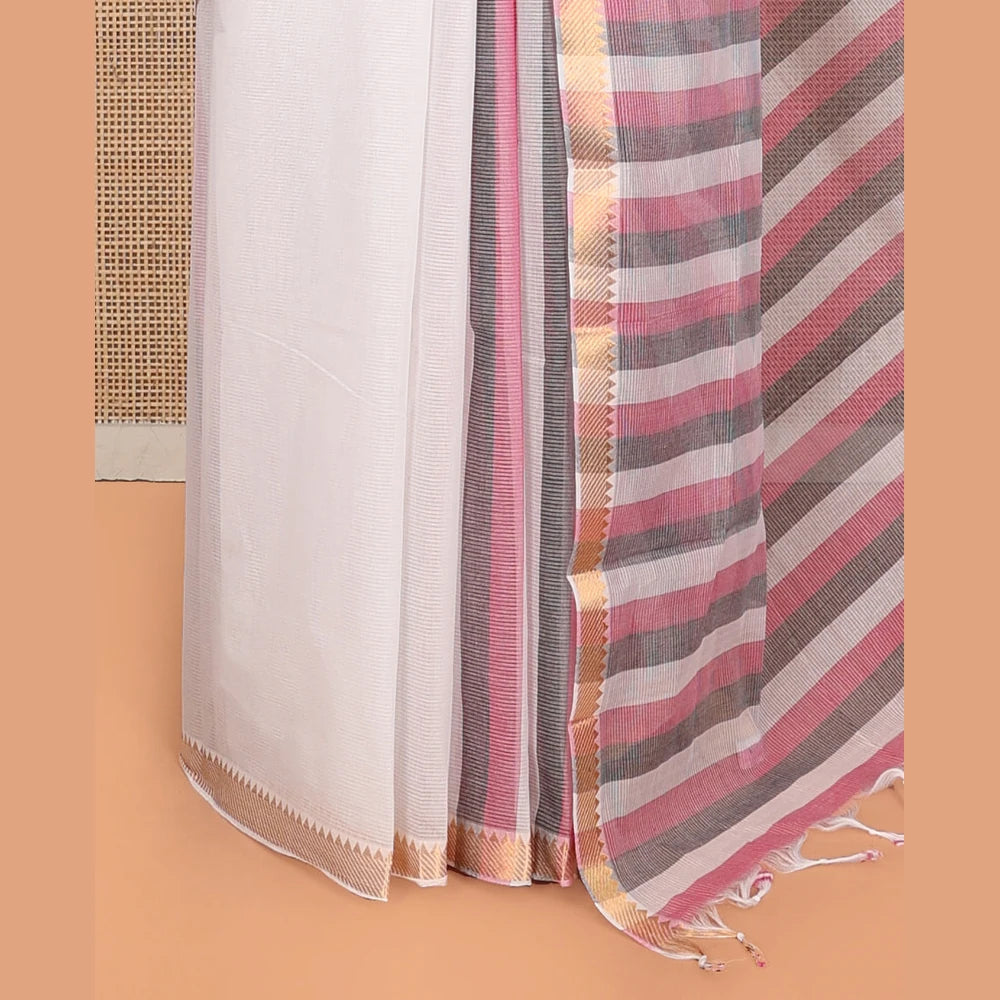 Pothys White Plain Andhra Cotton Saree, Mesmerized with Temple Zari Border, Contrast Striped Pallu, and a Contrast Blouse
