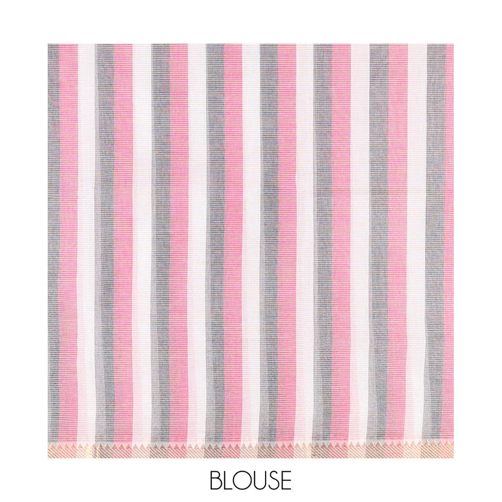 Pothys White Plain Andhra Cotton Saree, Mesmerized with Temple Zari Border, Contrast Striped Pallu, and a Contrast Blouse