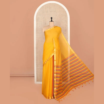 Pothys Orange Plain Andhra Cotton Saree Featuring Temple Zari Border, Contrast Striped Pallu, and a Contrast Blouse