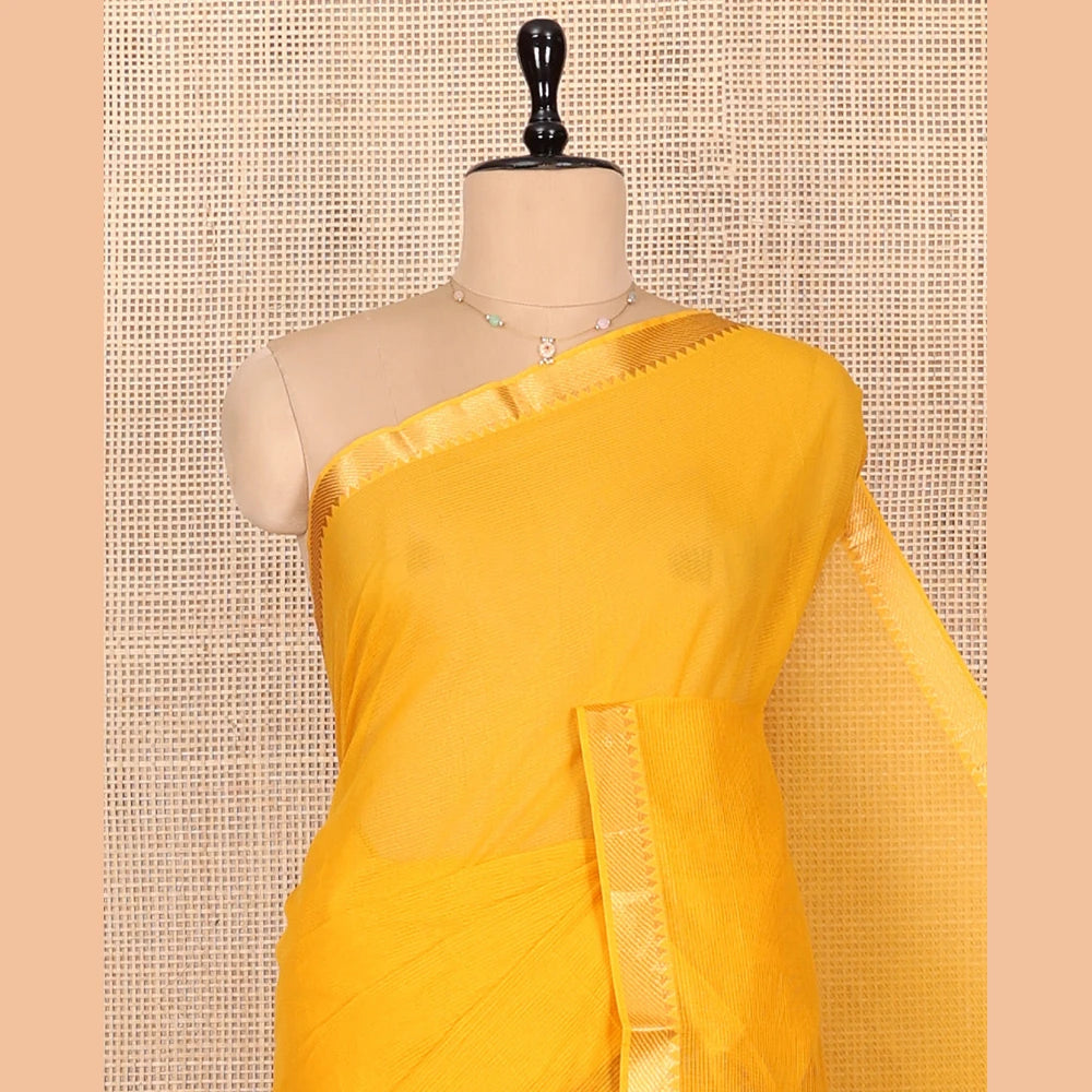 Pothys Orange Plain Andhra Cotton Saree Featuring Temple Zari Border, Contrast Striped Pallu, and a Contrast Blouse