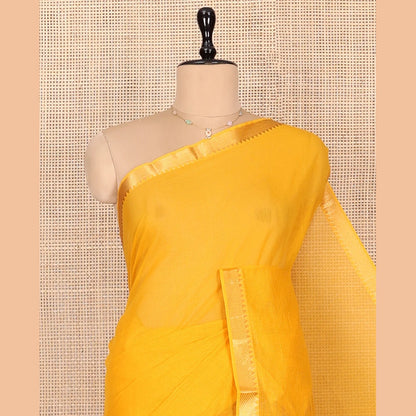 Pothys Orange Plain Andhra Cotton Saree Featuring Temple Zari Border, Contrast Striped Pallu, and a Contrast Blouse