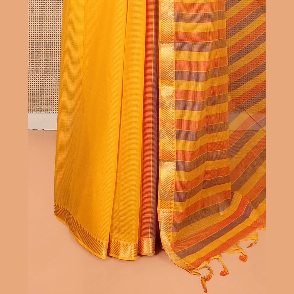 Pothys Orange Plain Andhra Cotton Saree Featuring Temple Zari Border, Contrast Striped Pallu, and a Contrast Blouse