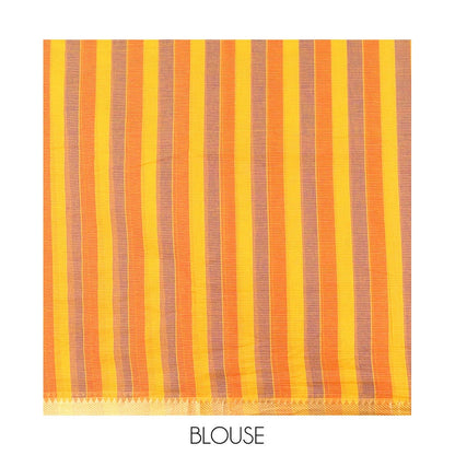 Pothys Orange Plain Andhra Cotton Saree Featuring Temple Zari Border, Contrast Striped Pallu, and a Contrast Blouse