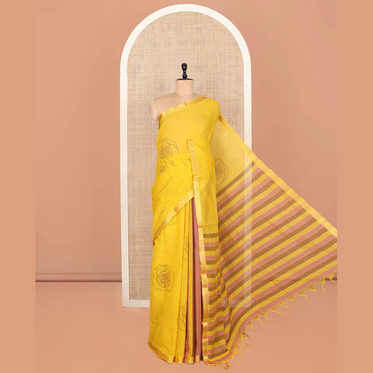 Pothys Yellow Striped Andhra Cotton Saree, Bedecked with Floral Motifs Print, Highlighted by a Temple Zari Border, Contrast Striped Pallu, and a Contrast Blouse