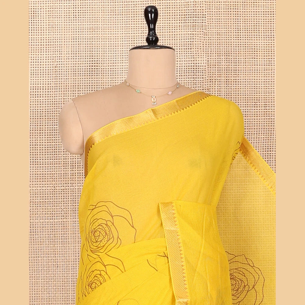 Pothys Yellow Striped Andhra Cotton Saree, Bedecked with Floral Motifs Print, Highlighted by a Temple Zari Border, Contrast Striped Pallu, and a Contrast Blouse