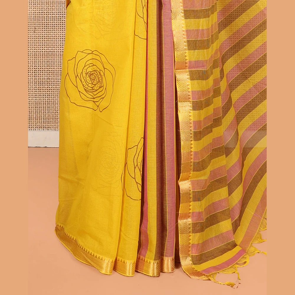Pothys Yellow Striped Andhra Cotton Saree, Bedecked with Floral Motifs Print, Highlighted by a Temple Zari Border, Contrast Striped Pallu, and a Contrast Blouse
