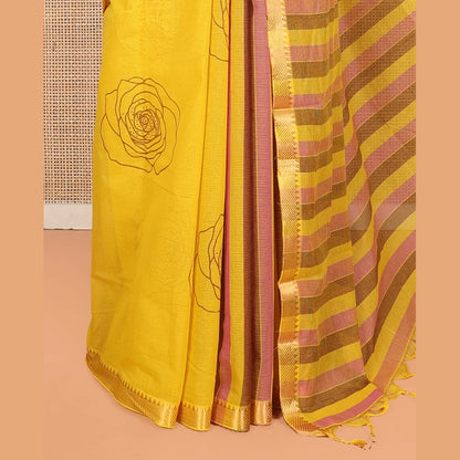 Pothys Yellow Striped Andhra Cotton Saree, Bedecked with Floral Motifs Print, Highlighted by a Temple Zari Border, Contrast Striped Pallu, and a Contrast Blouse