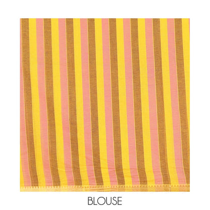 Pothys Yellow Striped Andhra Cotton Saree, Bedecked with Floral Motifs Print, Highlighted by a Temple Zari Border, Contrast Striped Pallu, and a Contrast Blouse
