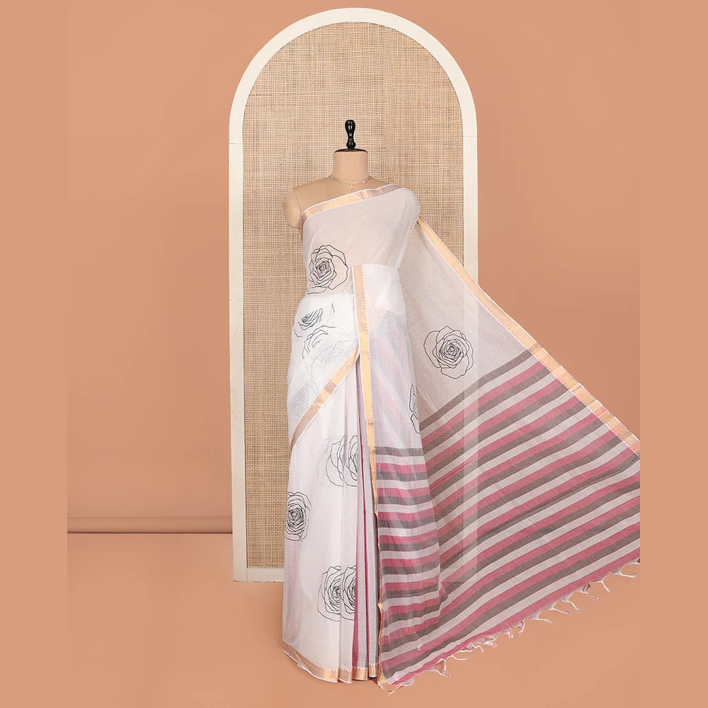 Pothys White Striped Andhra Cotton Saree, Beautifully Bedecked with Floral Motifs Print, Highlighted by a Temple Zari Border, Contrast Striped Pallu, and a Contrast Blouse