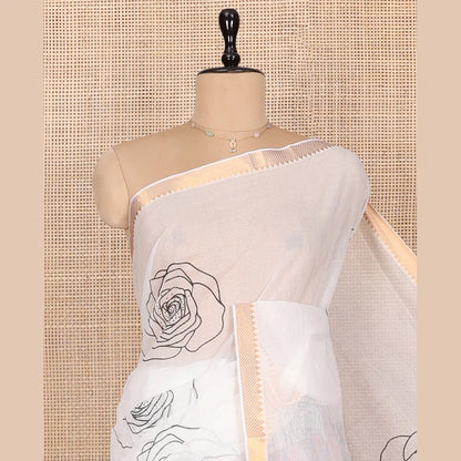 Pothys White Striped Andhra Cotton Saree, Beautifully Bedecked with Floral Motifs Print, Highlighted by a Temple Zari Border, Contrast Striped Pallu, and a Contrast Blouse