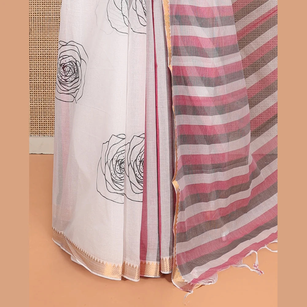 Pothys White Striped Andhra Cotton Saree, Beautifully Bedecked with Floral Motifs Print, Highlighted by a Temple Zari Border, Contrast Striped Pallu, and a Contrast Blouse