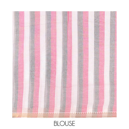 Pothys White Striped Andhra Cotton Saree, Beautifully Bedecked with Floral Motifs Print, Highlighted by a Temple Zari Border, Contrast Striped Pallu, and a Contrast Blouse